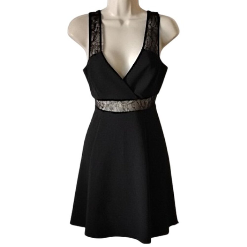 BCBGeneration Lace Detail Deep V-Neck Flare Mini Dress 4 Black